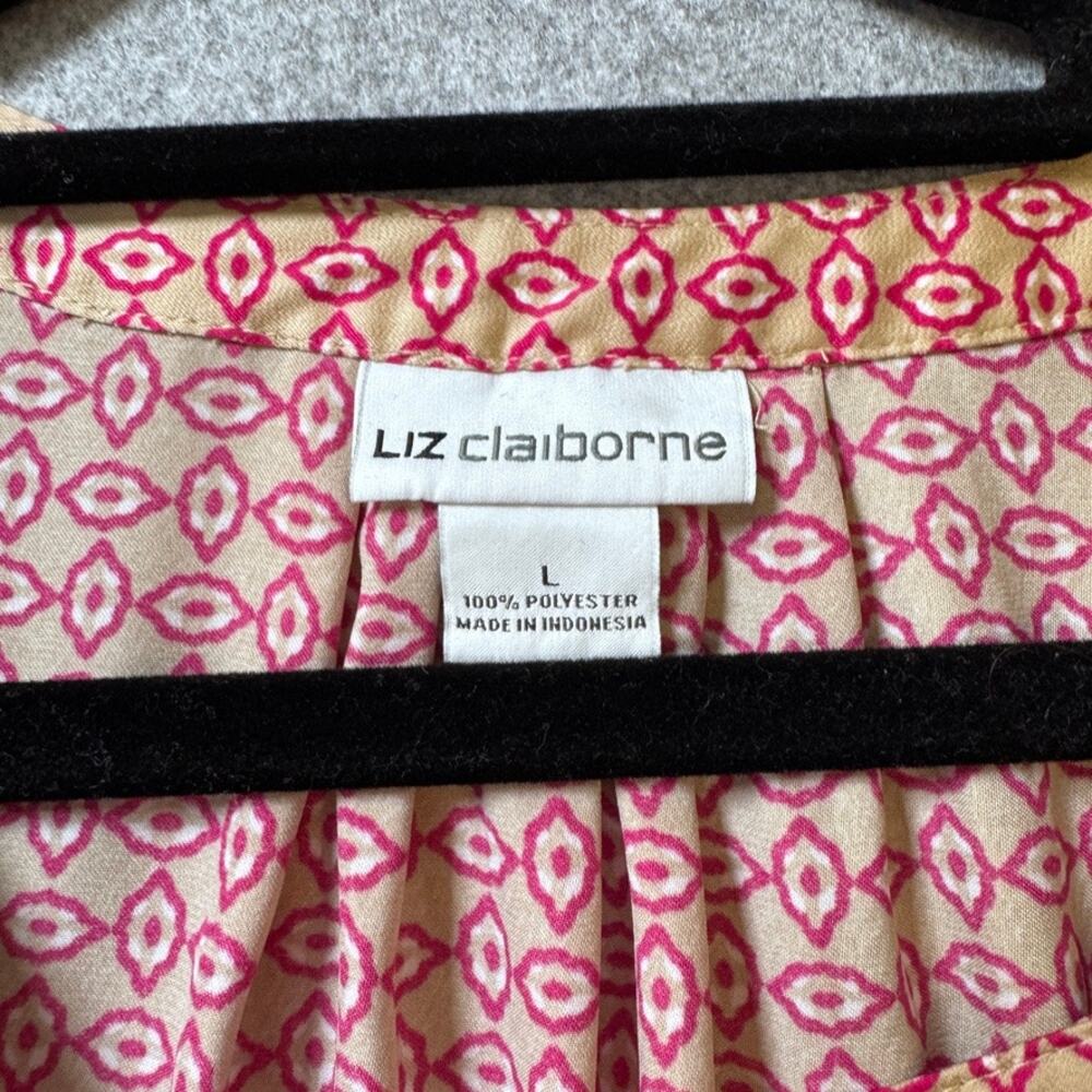 Liz Claiborne Blouse L Pink Beige Geometric Split Neck Cap Sleeve Pocket Top - Picture 5 of 8